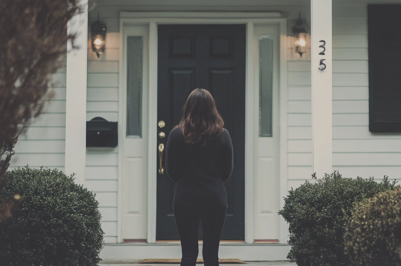 Une femme qui regarde une porte d'entrée | Source : Midjourney