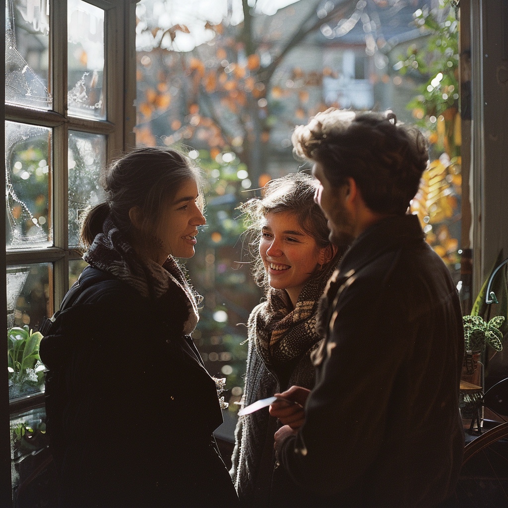 Un homme et deux femmes conversant près d'une fenêtre | Source : Midjourney