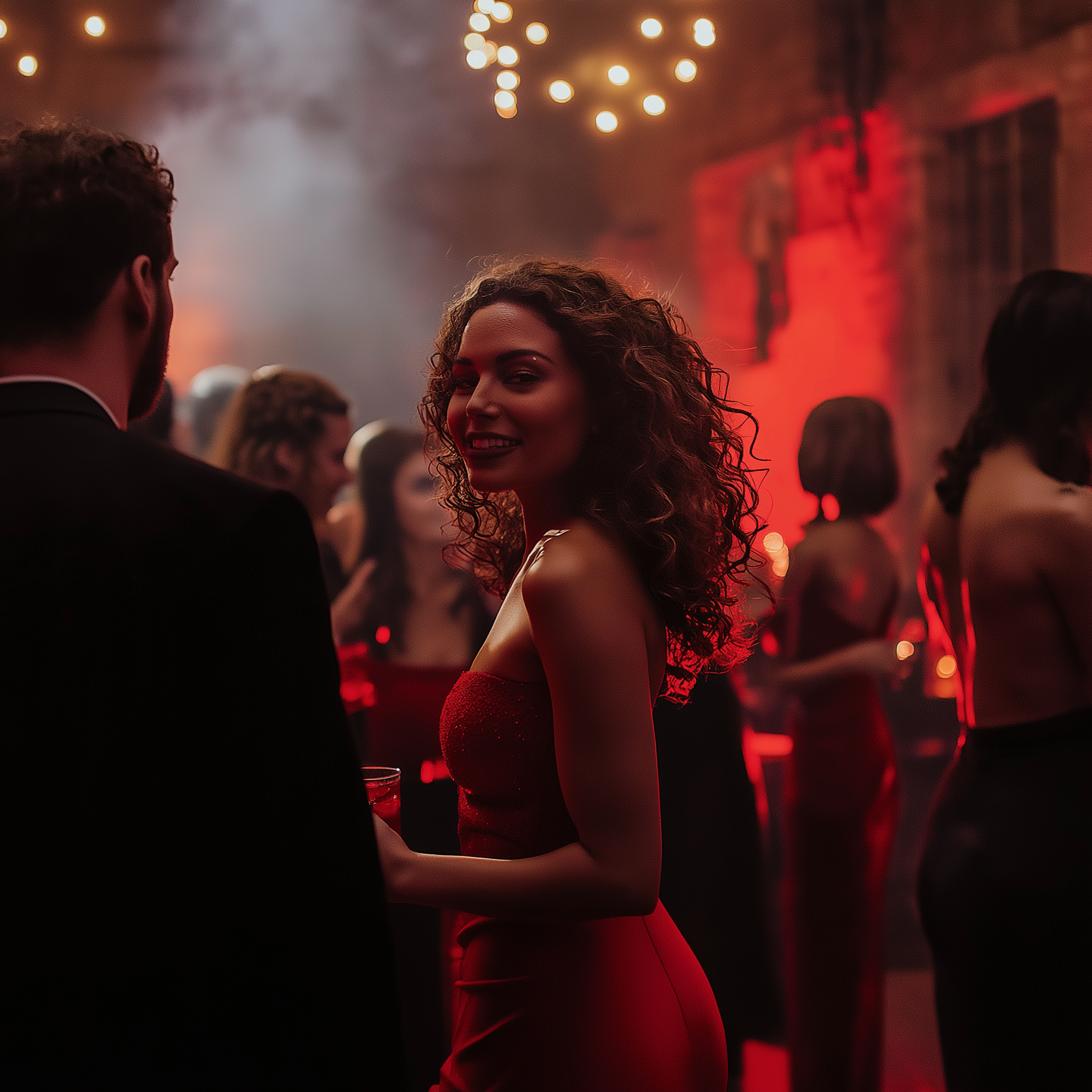 Une femme en rouge parmi les invités de la fête | Source : Midjourney