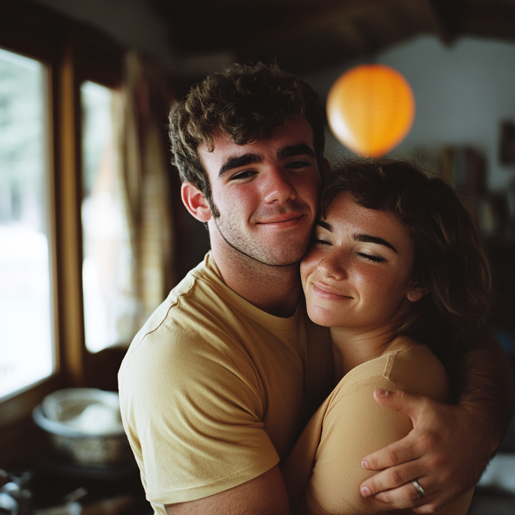 Un homme souriant et serrant sa femme dans ses bras | Source : Midjourney