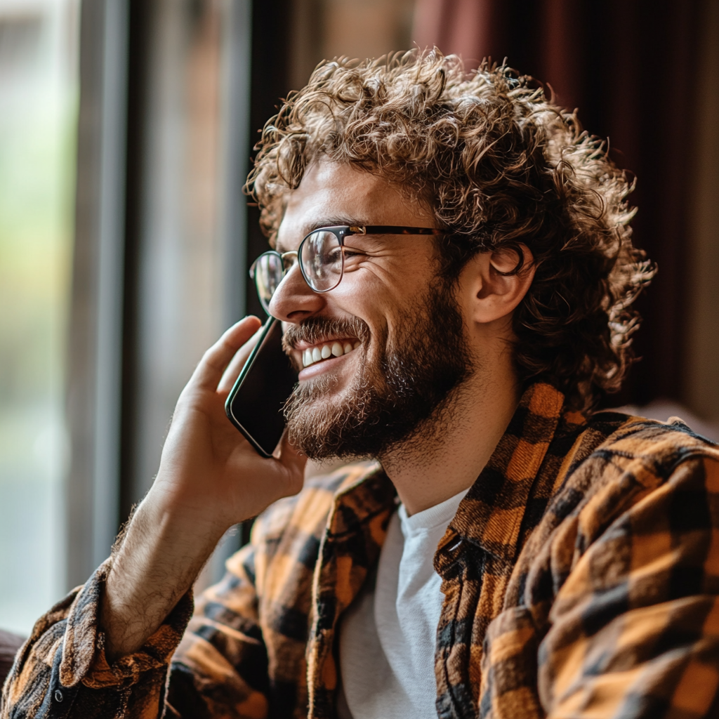 Un homme rieur qui parle au téléphone dans son salon | Source : Midjourney