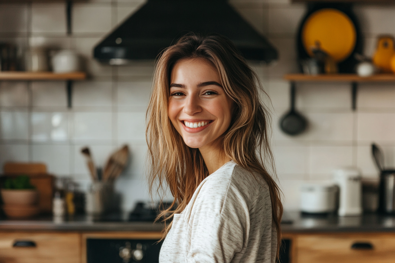 Une femme souriante dans une cuisine | Source : Midjourney