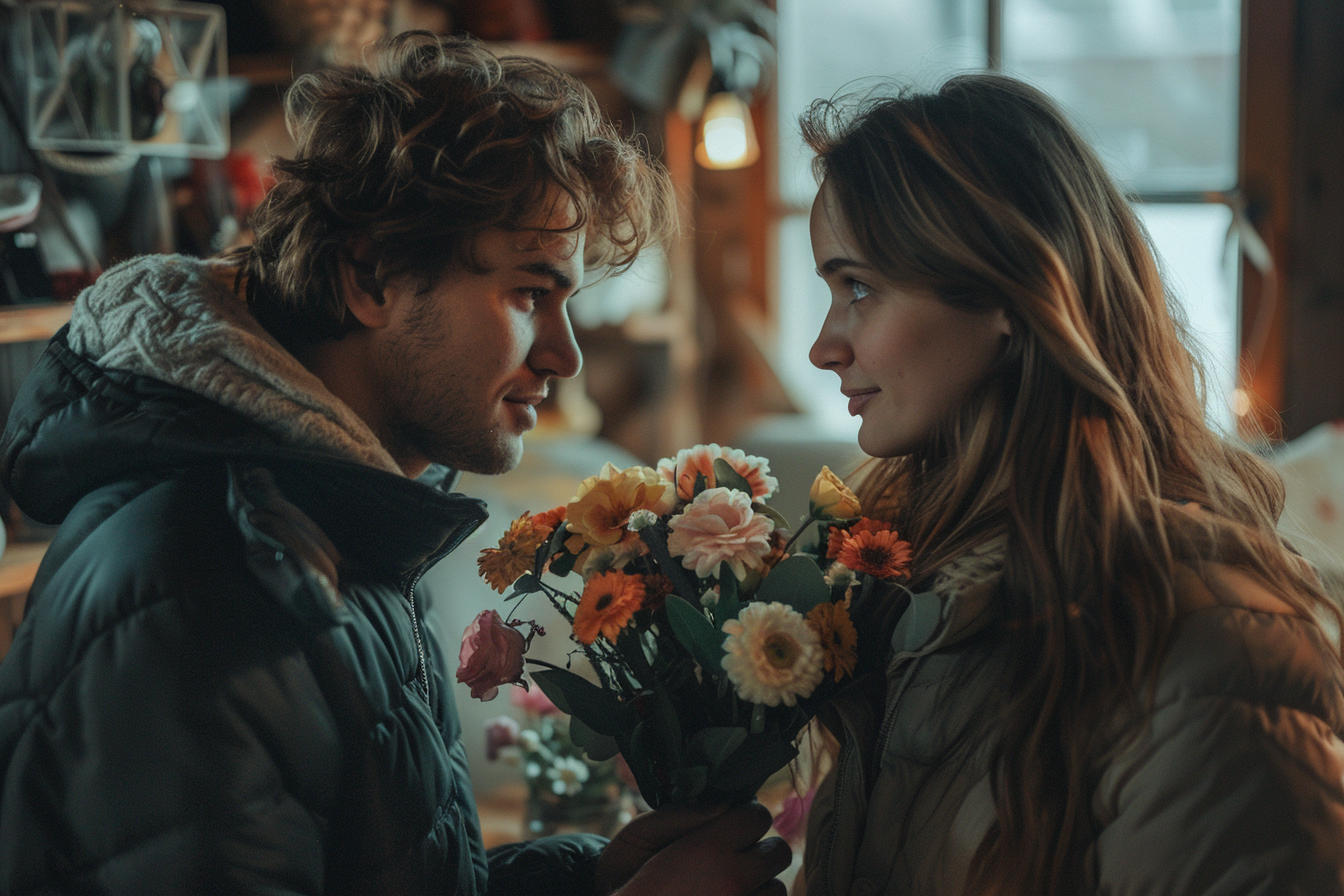 Un homme offre des fleurs à une femme après s'être repenti | Source : Midjourney