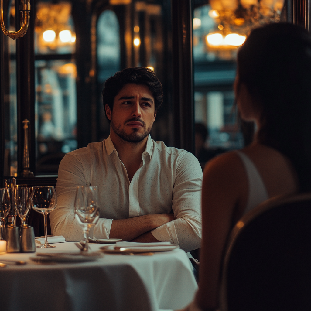 Homme tendu, confus, les bras croisés, discutant avec sa collègue dans un restaurant chic | Source : Midjourney