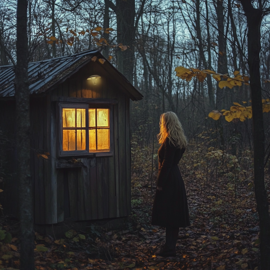 A woman in front of a cabin in the woods | Source: Midjourney