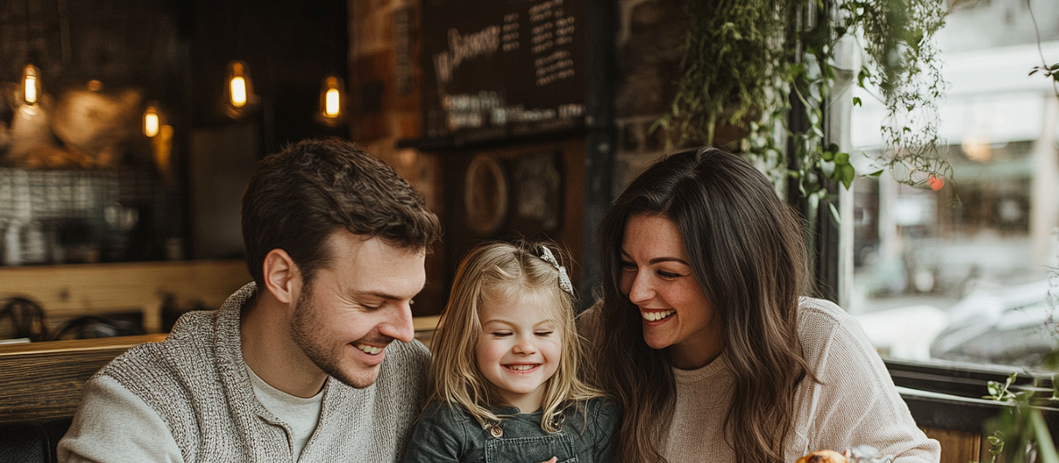 Deux adultes et un enfant dans un café | Source : Midjourney