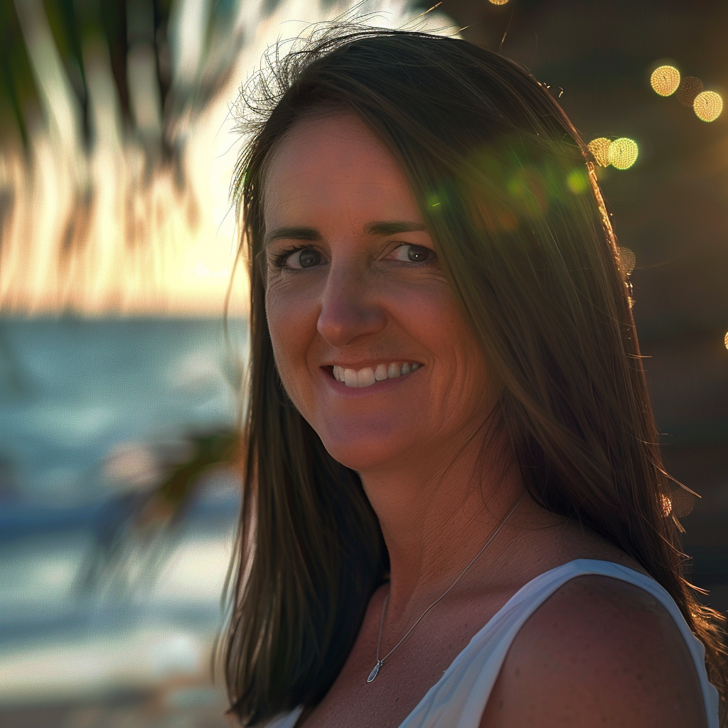 Vue de côté d'une femme debout au bord de la mer et souriante | Source : Midjourney