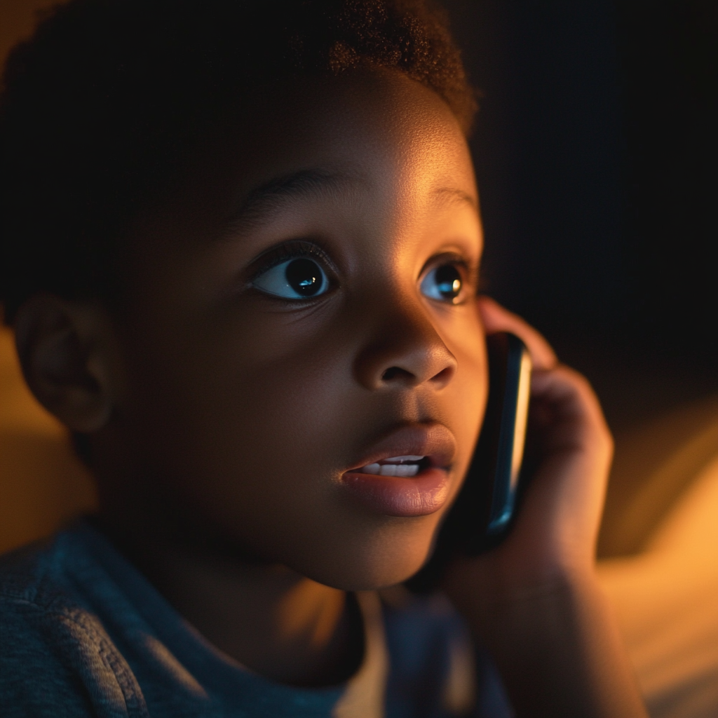 Scared boy talking on his phone in his bedroom | Source: Midjourney