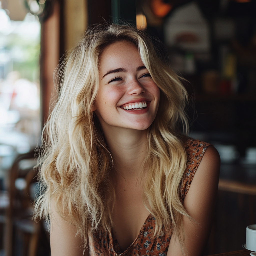 Une femme qui rit dans un café | Source : Midjourney