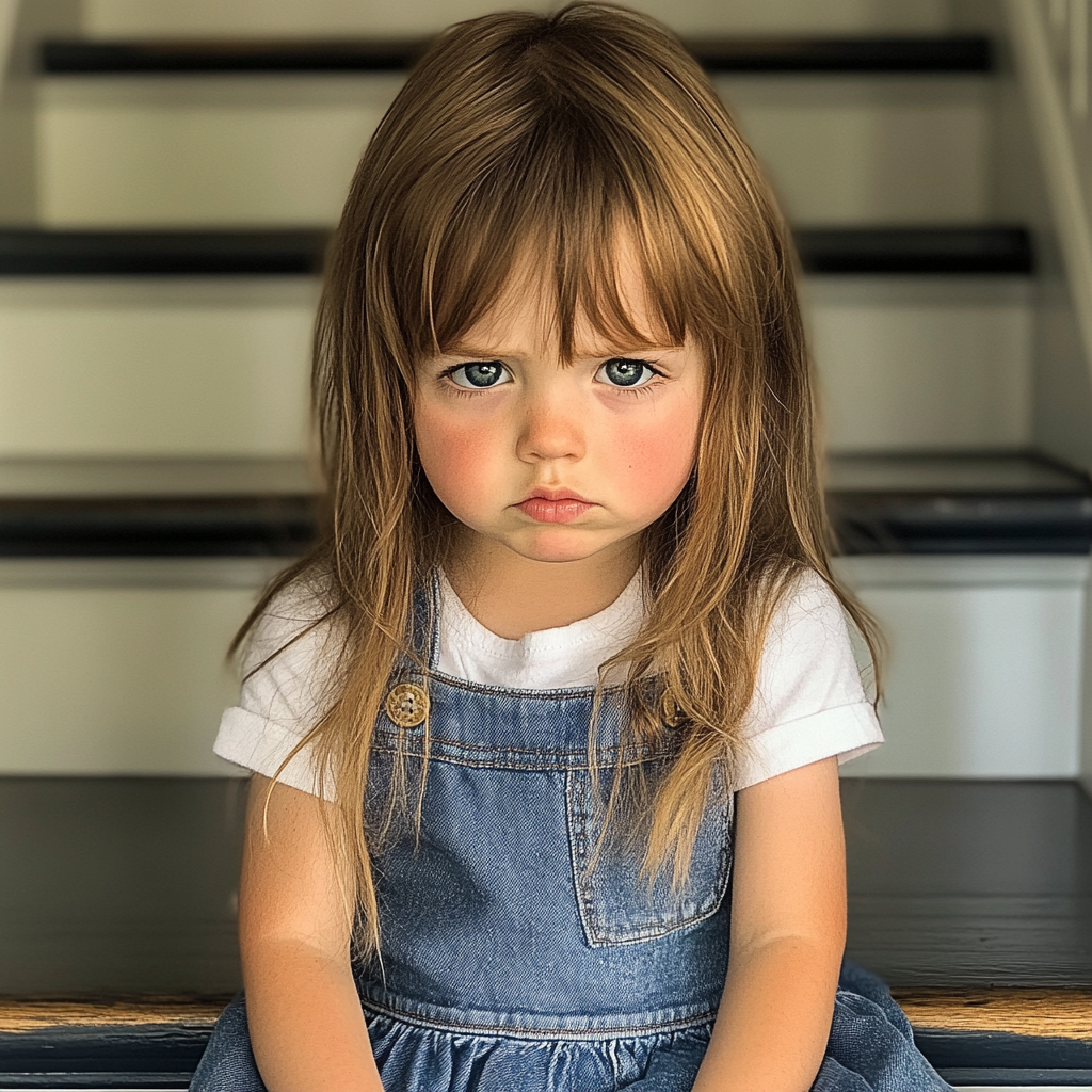 Une petite fille bouleversée assise sur un escalier | Source : Midjourney