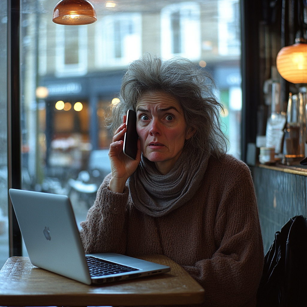 Une femme inquiète lors d'un appel téléphonique | Source : Midjourney