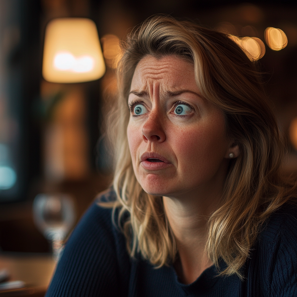 Une femme confuse et choquée assise dans un restaurant | Source : Midjourney