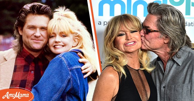 (G) Les acteurs Goldie Hawn et Kurt Russell posent pour un portrait lors du tournage du film "Overboard", en octobre 1987 à Fort Bragg, en Californie. (R) Goldie Hawn, Kurt Russell assistent au Goldie's Love In For Kids au domaine Green Acres de Ron Burkle le 3 novembre 2017 à Beverly Hills, en Californie | Photo : Getty Images