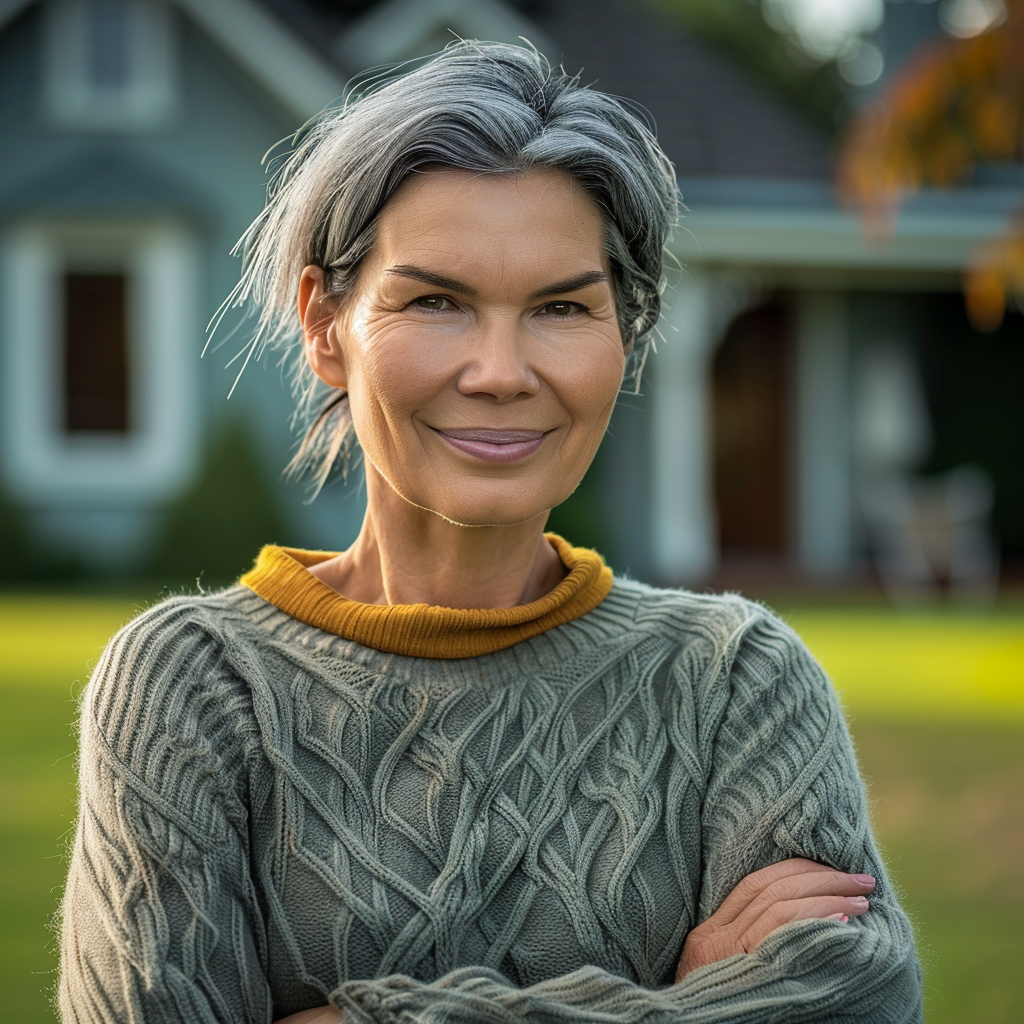 Femme aux bras croisés souriant devant sa maison | Source : Midjourney