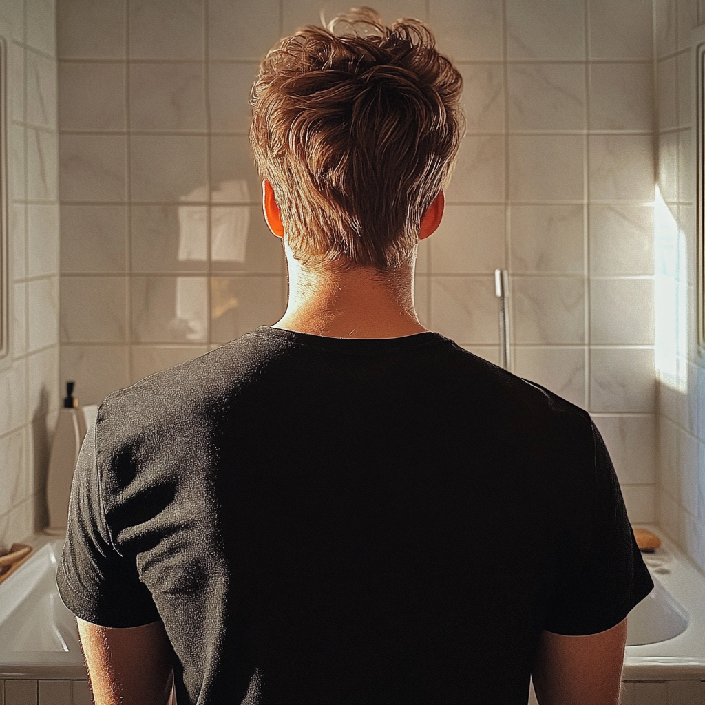 Un homme debout dans une salle de bain | Source : Midjourney
