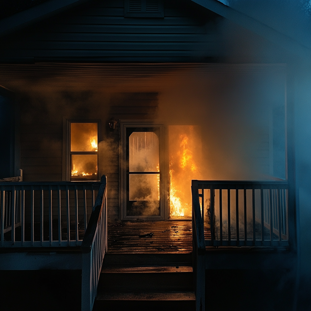 La porte d'entrée d'une maison en feu | Source : Midjourney