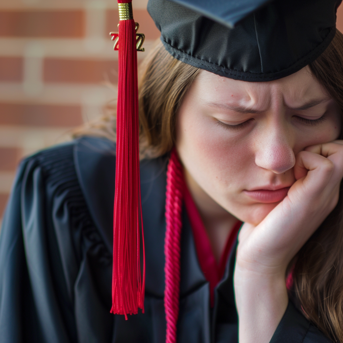 Une jeune femme se sentant triste le jour de sa remise de diplôme | Source : Midjourney