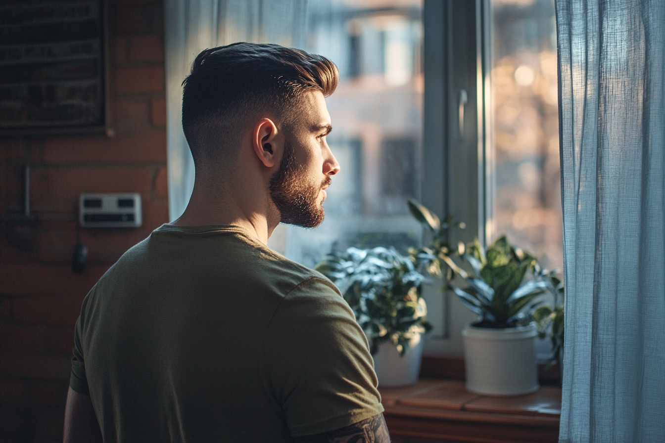 Un homme qui regarde par la fenêtre | Source : Midjourney