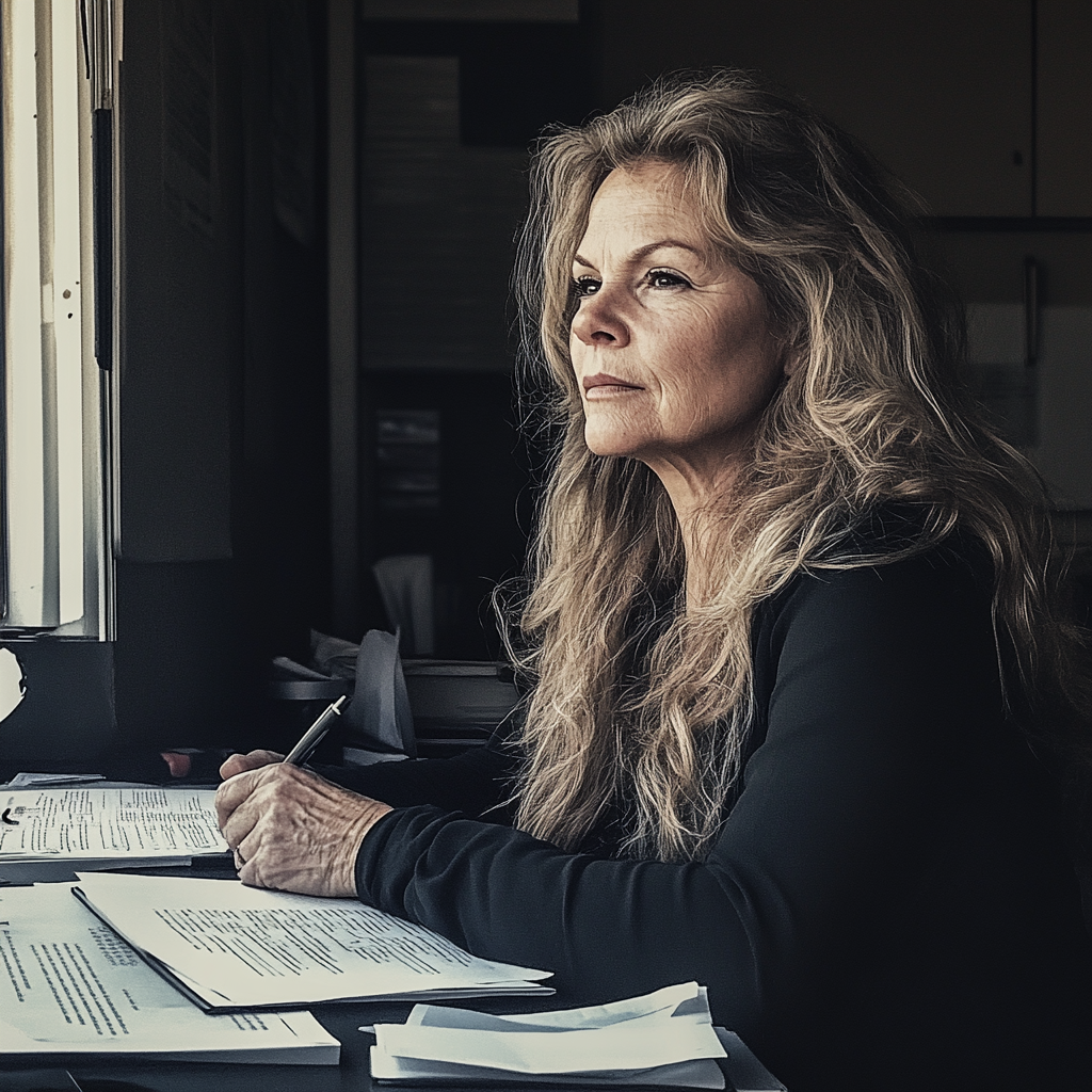 Une femme assise à son bureau | Source : Midjourney