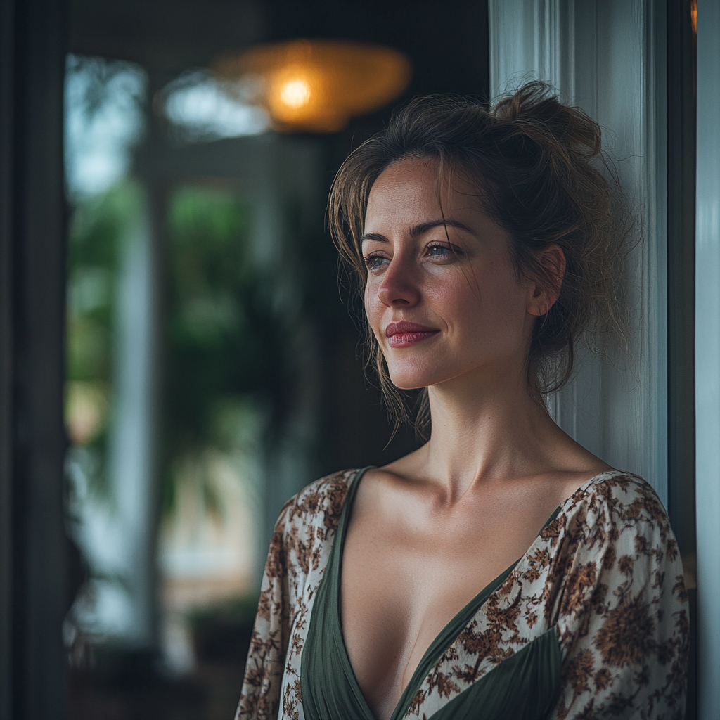 Une femme pensive debout sur le porche de sa maison | Source : Midjourney