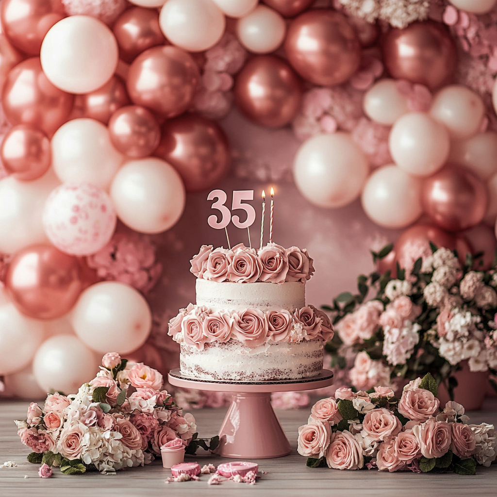 Une installation festive pour un 35e anniversaire avec des ballons, un gâteau décoré, des bougies allumées, des fleurs fraîches et une élégante toile de fond de fête | Source : Midjourney