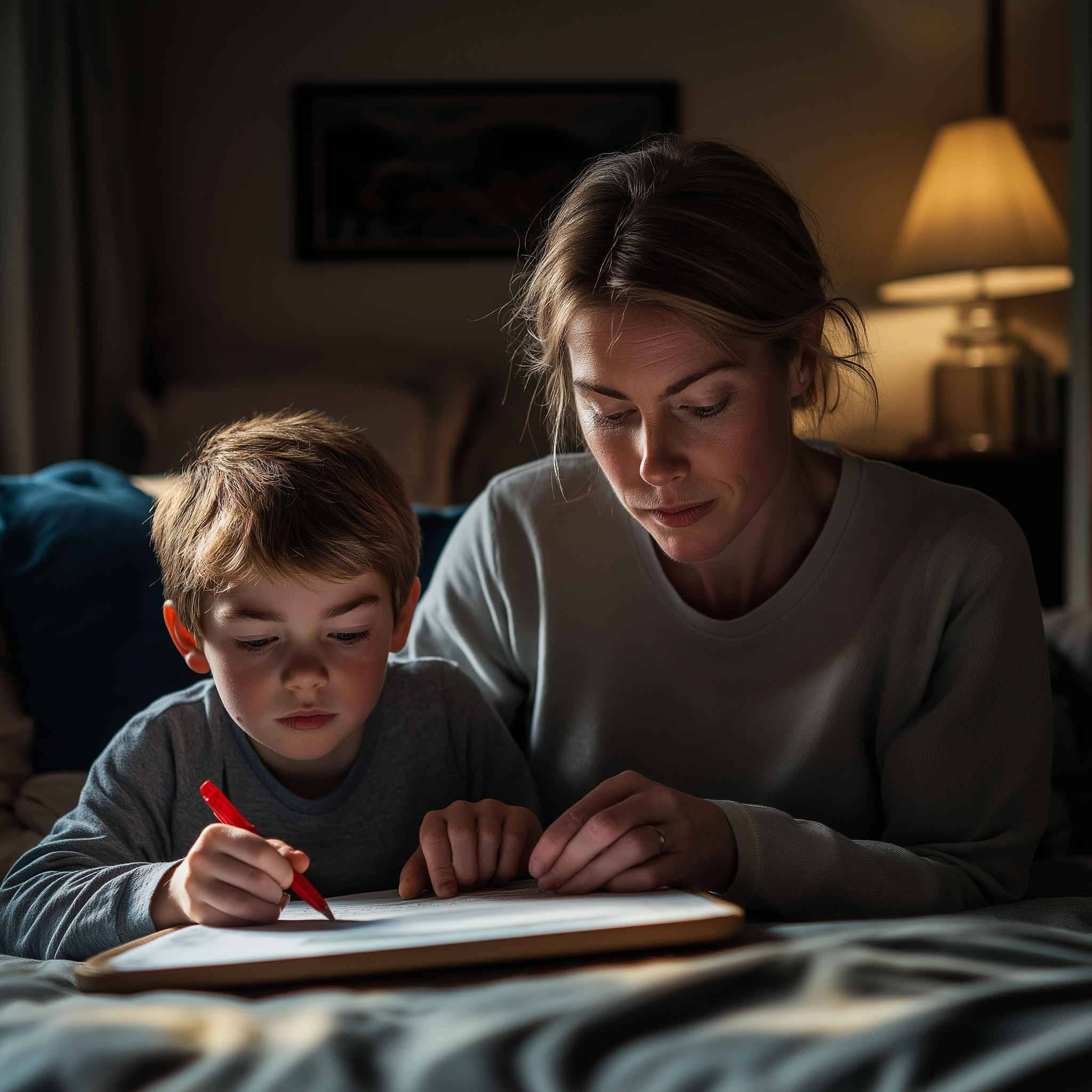 Une femme aidant un jeune garçon à faire ses devoirs | Source : Midjourney