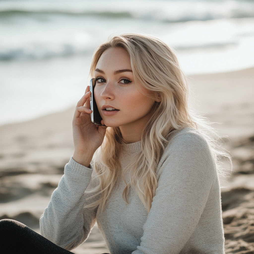 Une femme qui parle sur son téléphone à la plage | Source : Midjourney