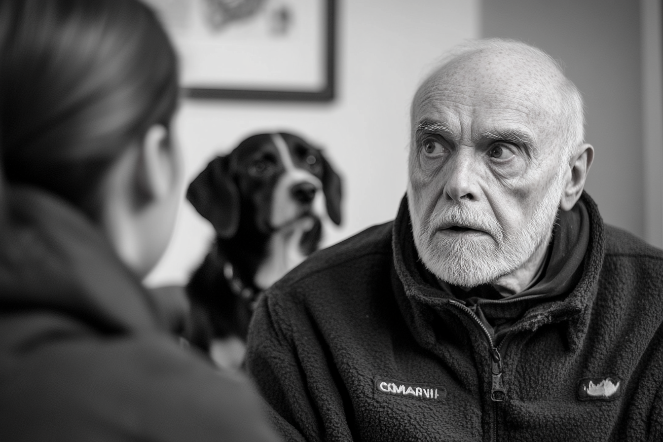 Man with shocked expression speaking to receptionist at animal shelter | Source: Midjourney