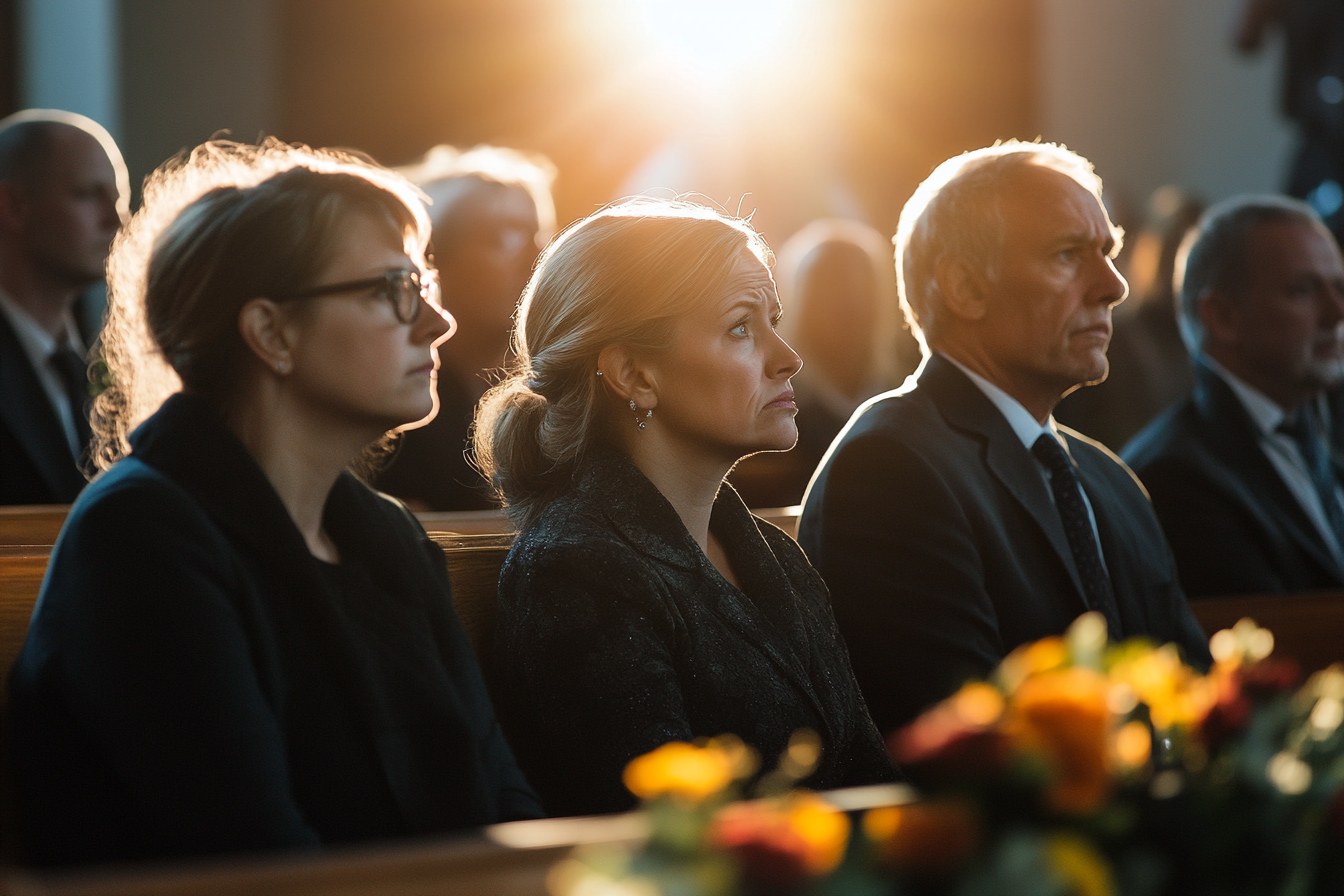 Des personnes sérieuses lors d'un enterrement dans une chapelle | Source : Midjourney