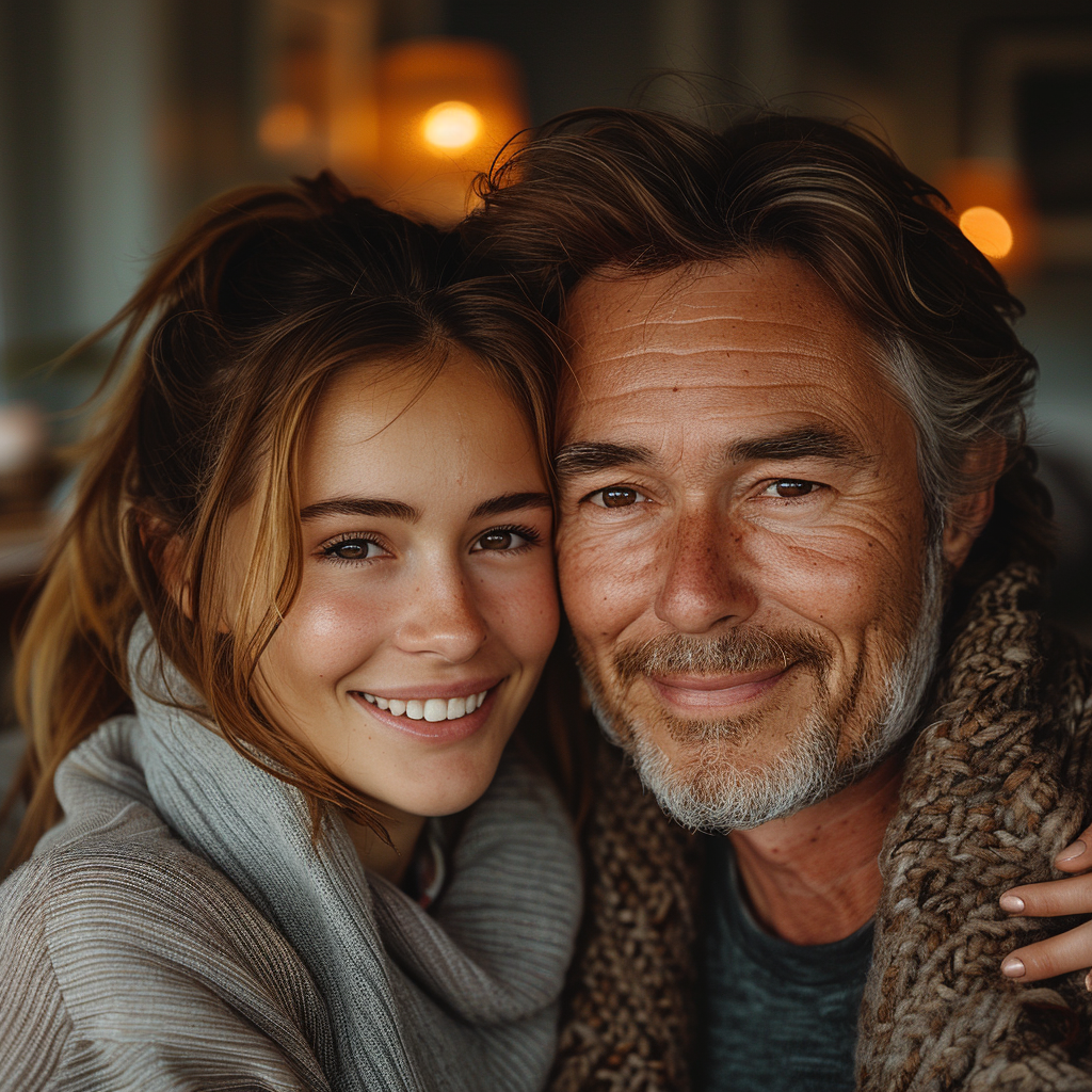 Jeune fille et son papa souriant à l'appareil photo | Source : Midjourney