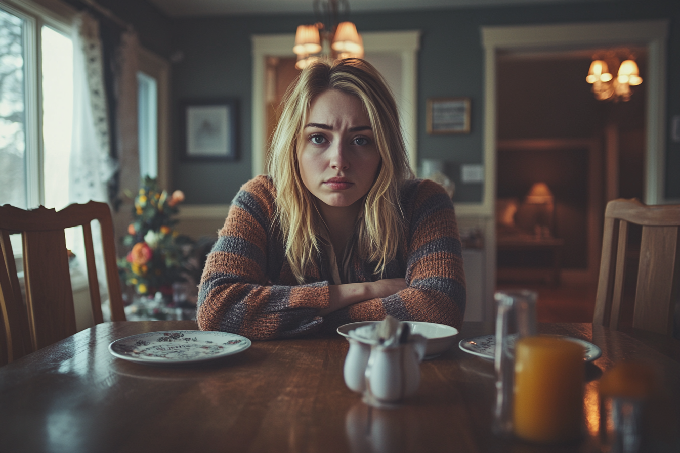 Une femme tendue assise à une table de dîner | Source : Midjourney