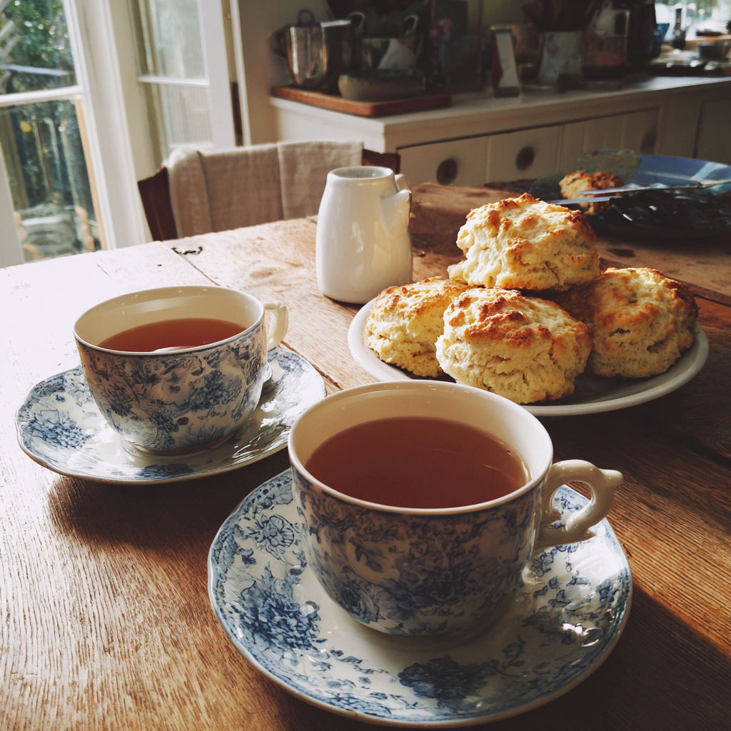Thé et scones sur une table | Source : Midjourney