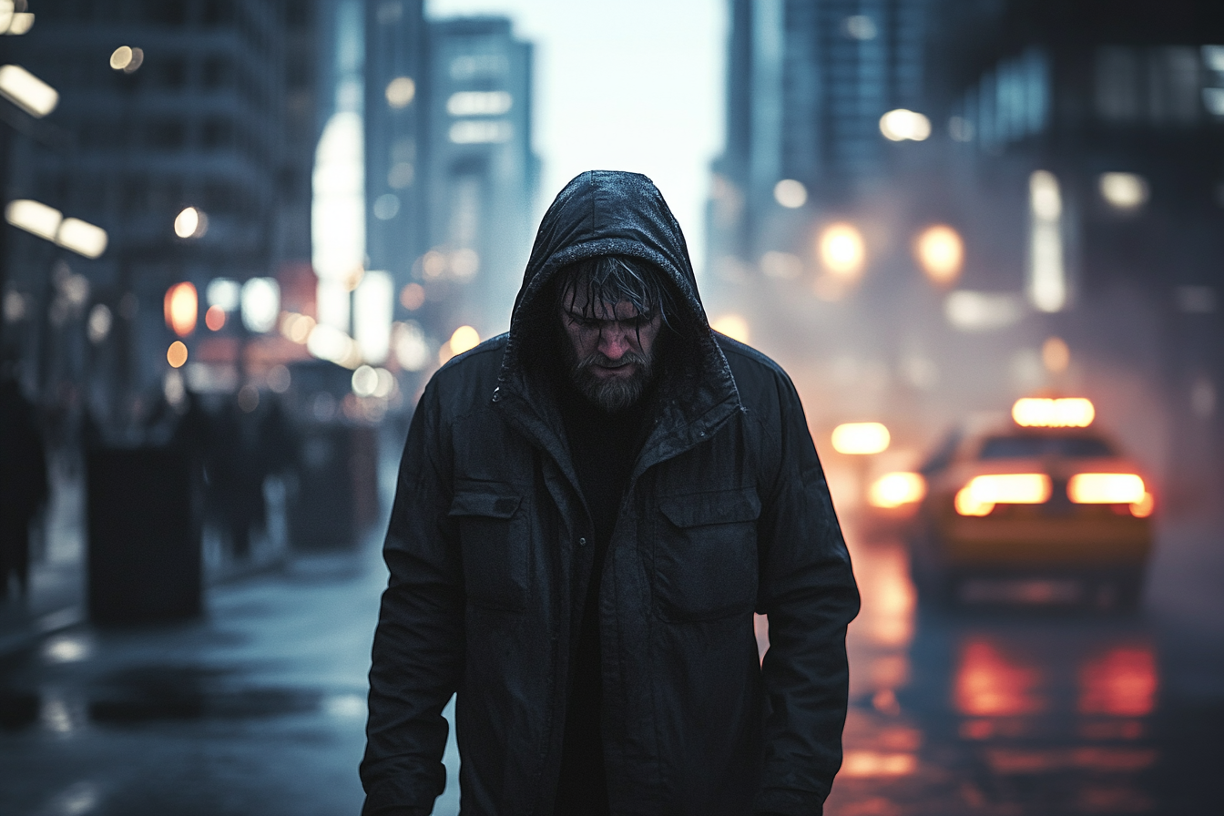 Un sans-abri marchant dans une rue de la ville | Source : Midjourney