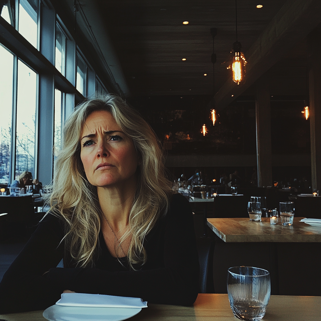 Une femme assise à une table dans un restaurant | Source : Midjourney