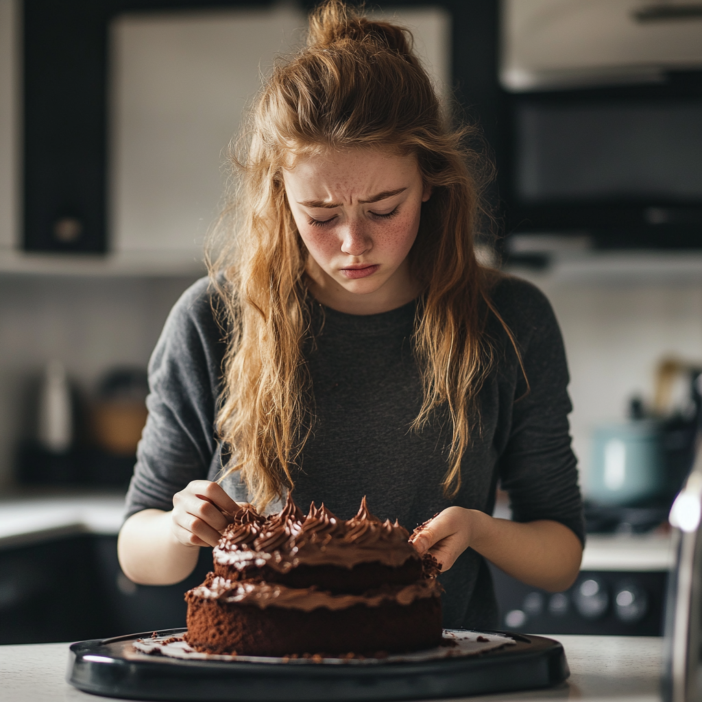 Une fille triste en train de faire un gâteau | Source : Midjourney