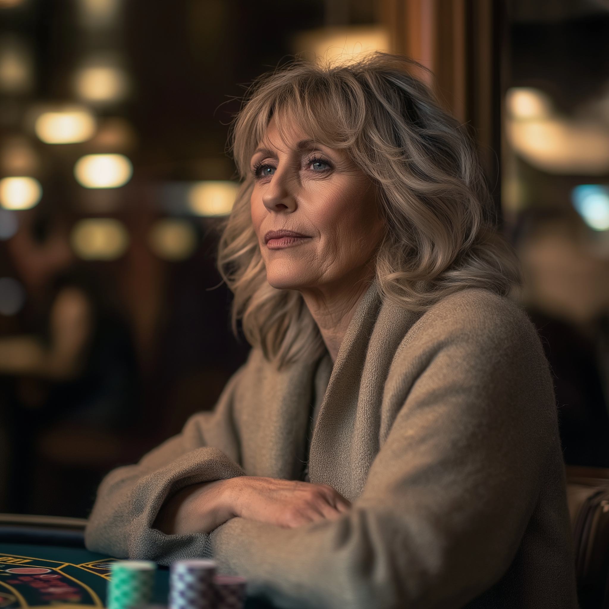 Une femme âgée semble épuisée alors qu'elle est assise dans un casino | Source : Midjourney