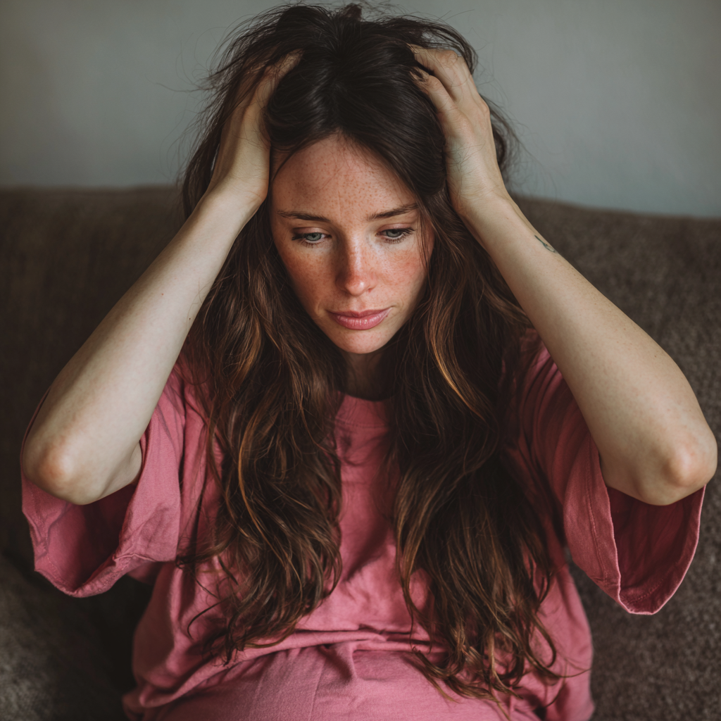 Une femme enceinte assise sur un canapé, les mains sur la tête | Source : Midjourney