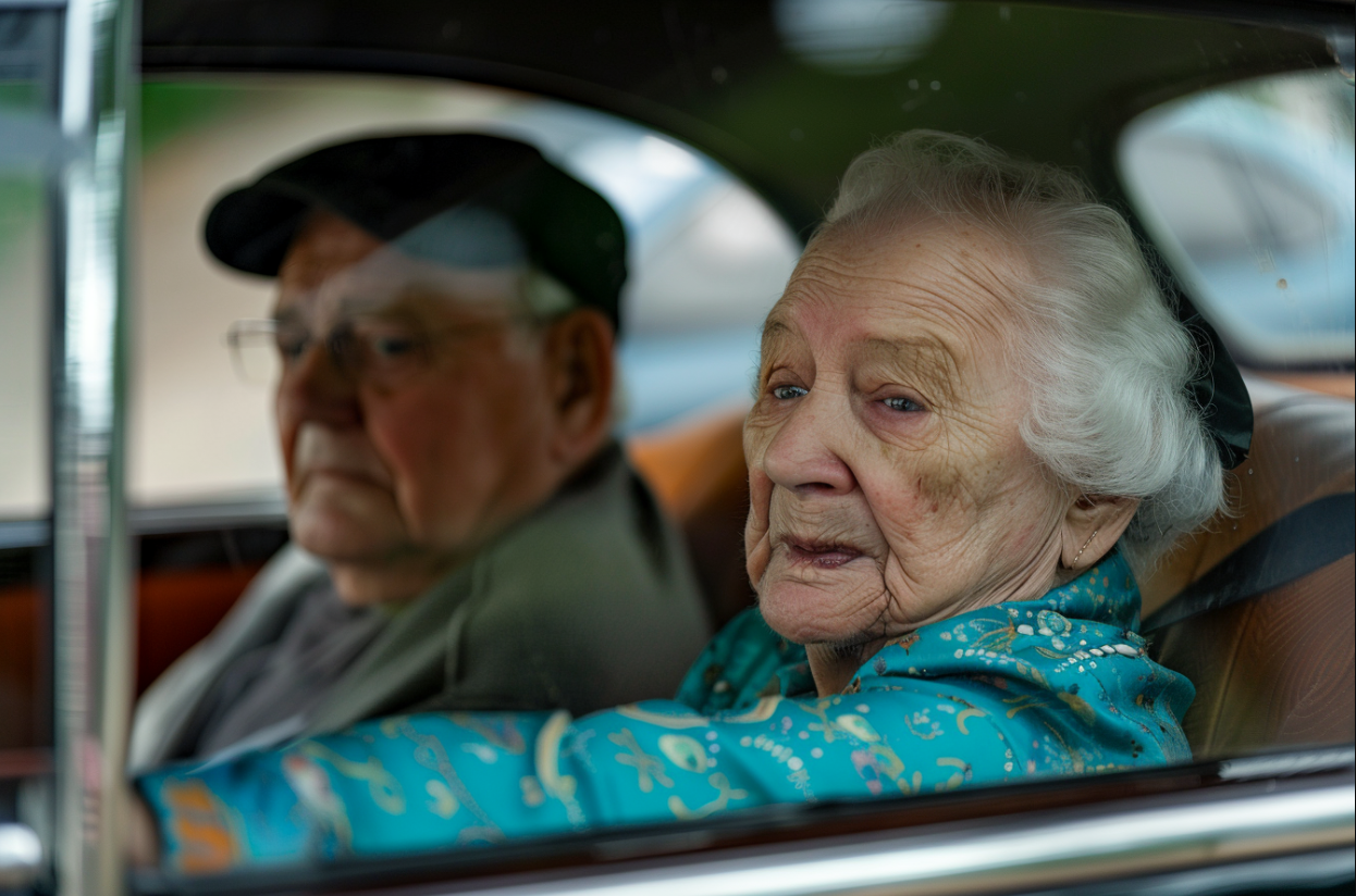 Un couple de personnes âgées tristes dans une voiture | Source : MidJourney