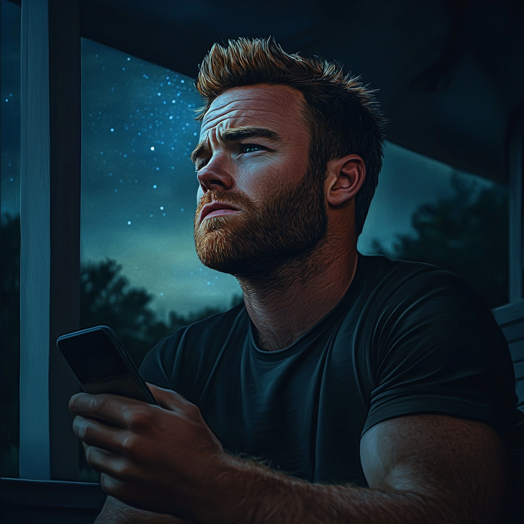 A pensive man sitting on his porch at night | Source: Midjourney