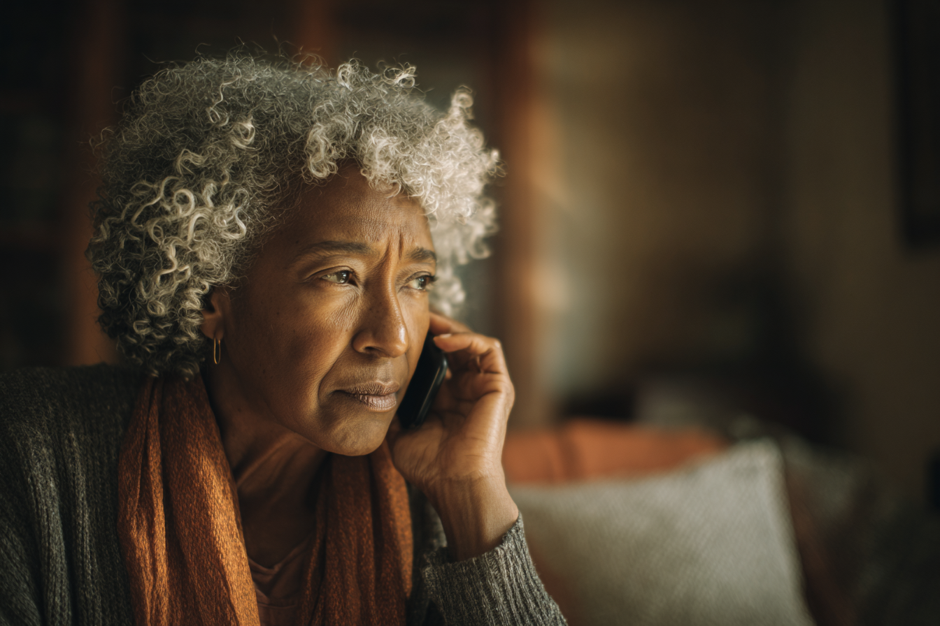 Une femme à l'expression sinistre parlant sur son téléphone portable | Source : Midjourney