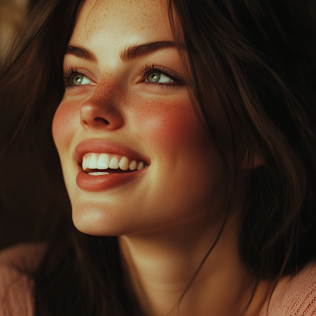 Une femme qui regarde en l'air et qui rit | Source : Midjourney