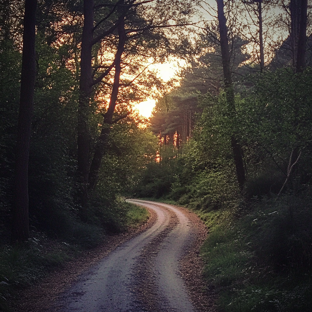 Une route sinueuse à travers la forêt | Source : Midjourney