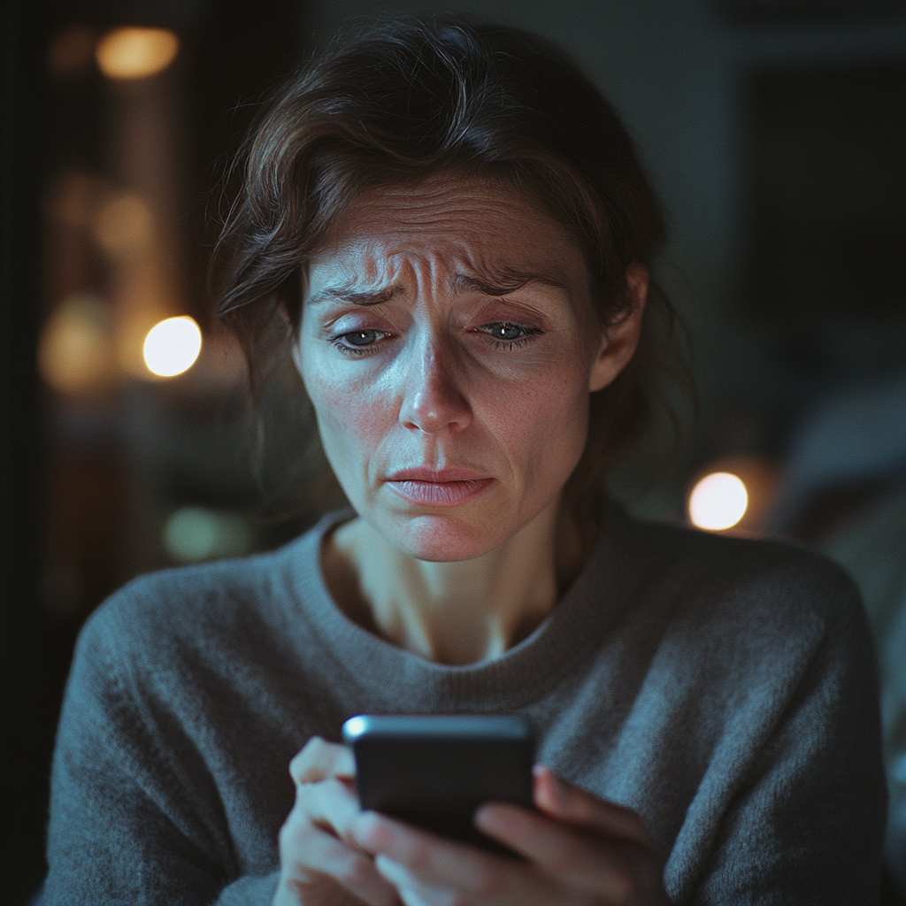 Une femme désemparée qui regarde un post d'Instagram Story | Source : Midjourney