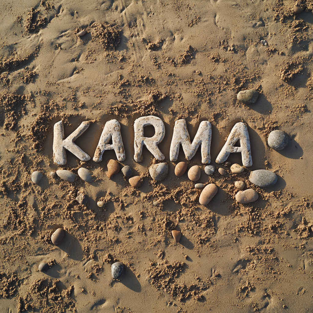 Gros plan par drone du mot "KARMA" sur une plage de sable | Source : Midjourney