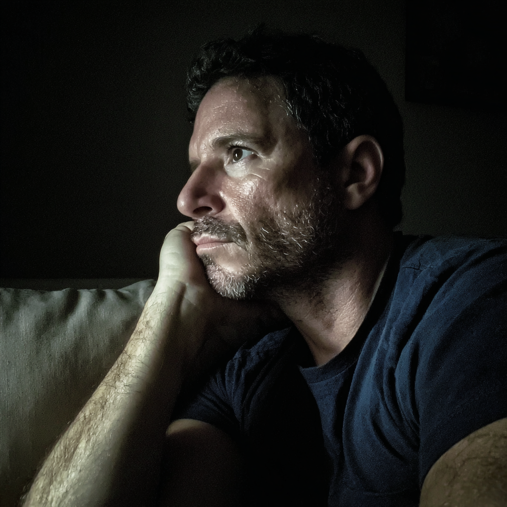 Un homme assis, la tête posée sur sa main | Source : Midjourney