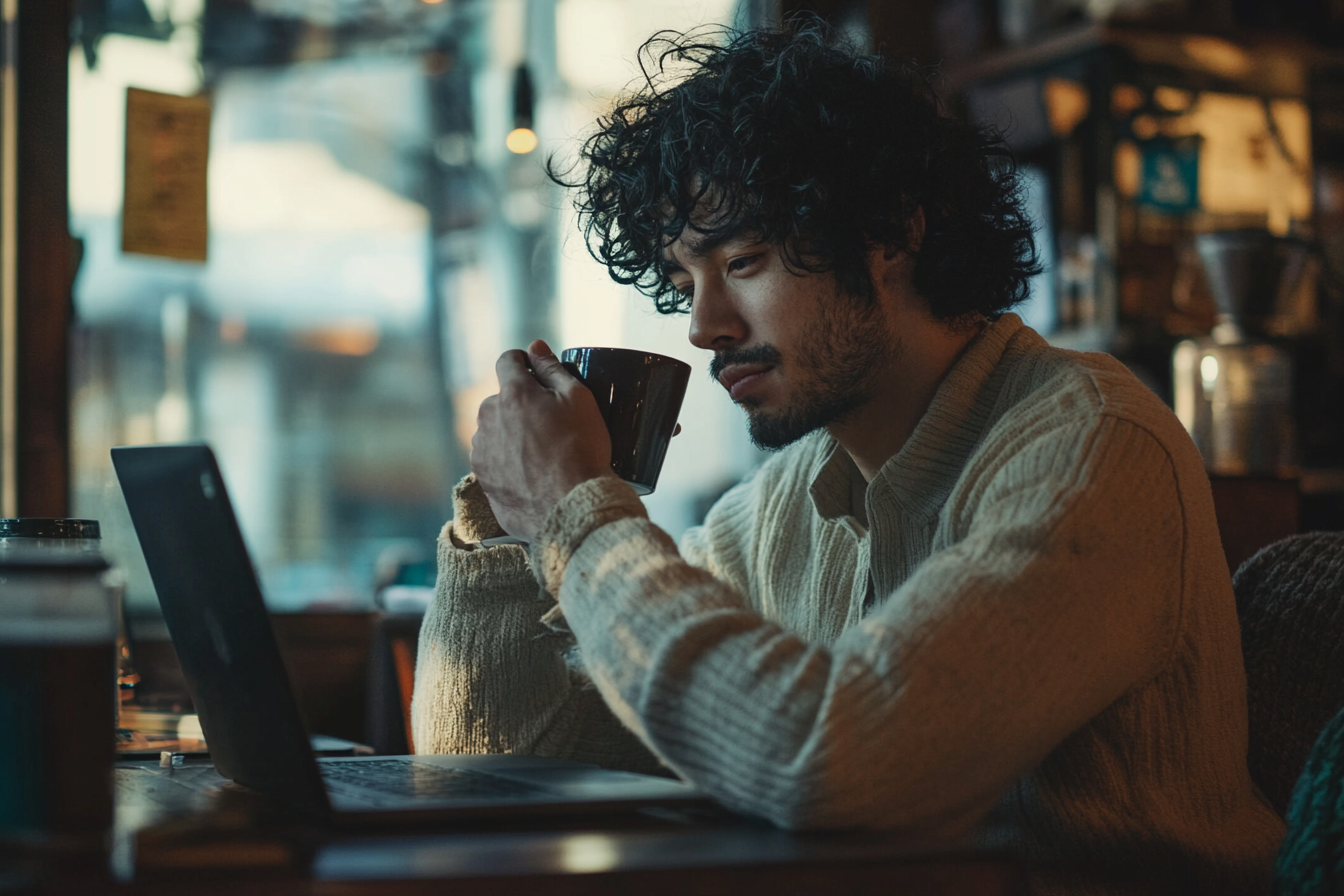 Un homme boit du café tout en travaillant sur son ordinateur portable dans un café | Source : Midjourney