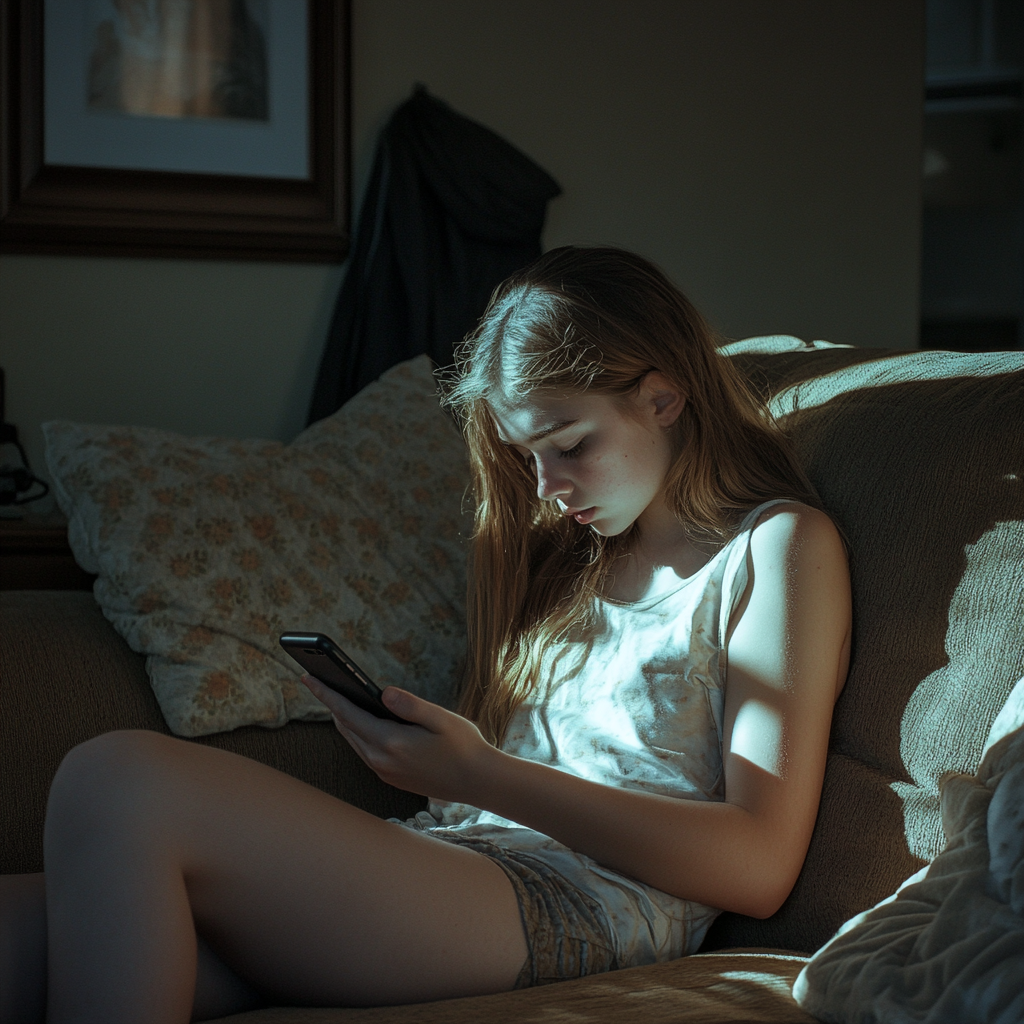 Une fille qui regarde son téléphone | Source : Midjourney