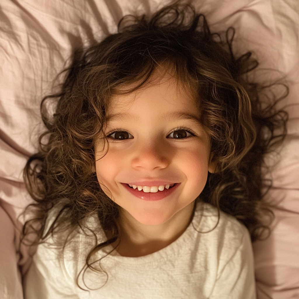 Une petite fille souriante dans un lit | Source : Midjourney