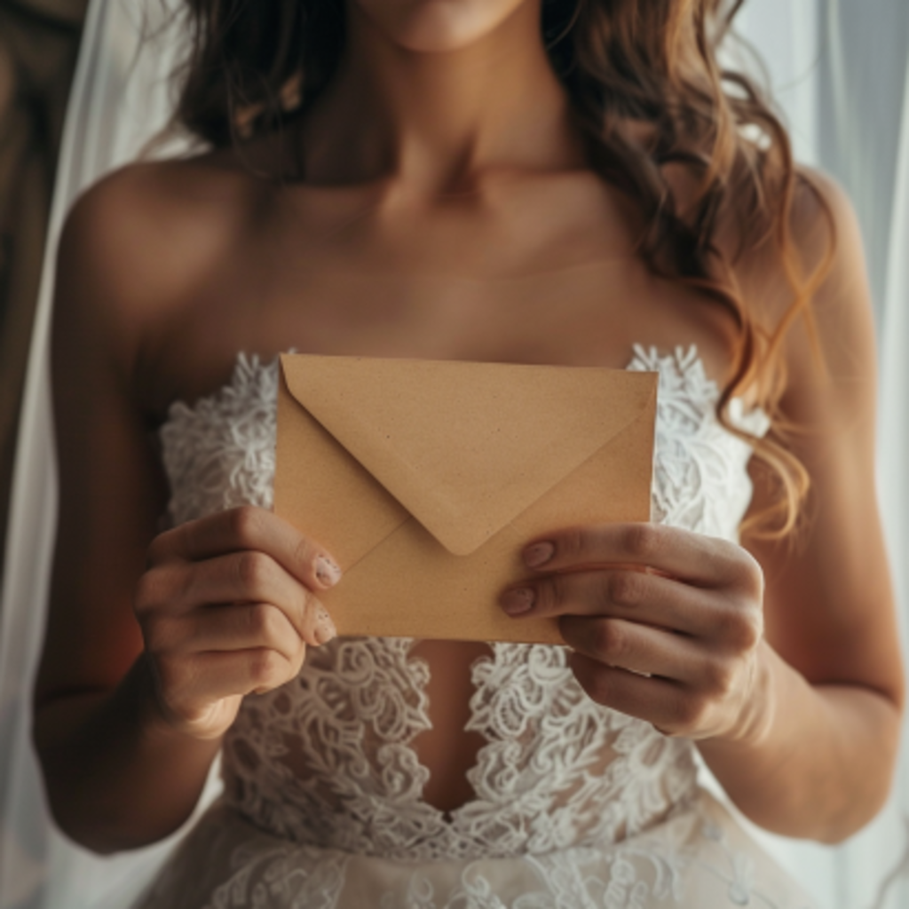 Une mariée tenant une enveloppe | Source : Midjourney