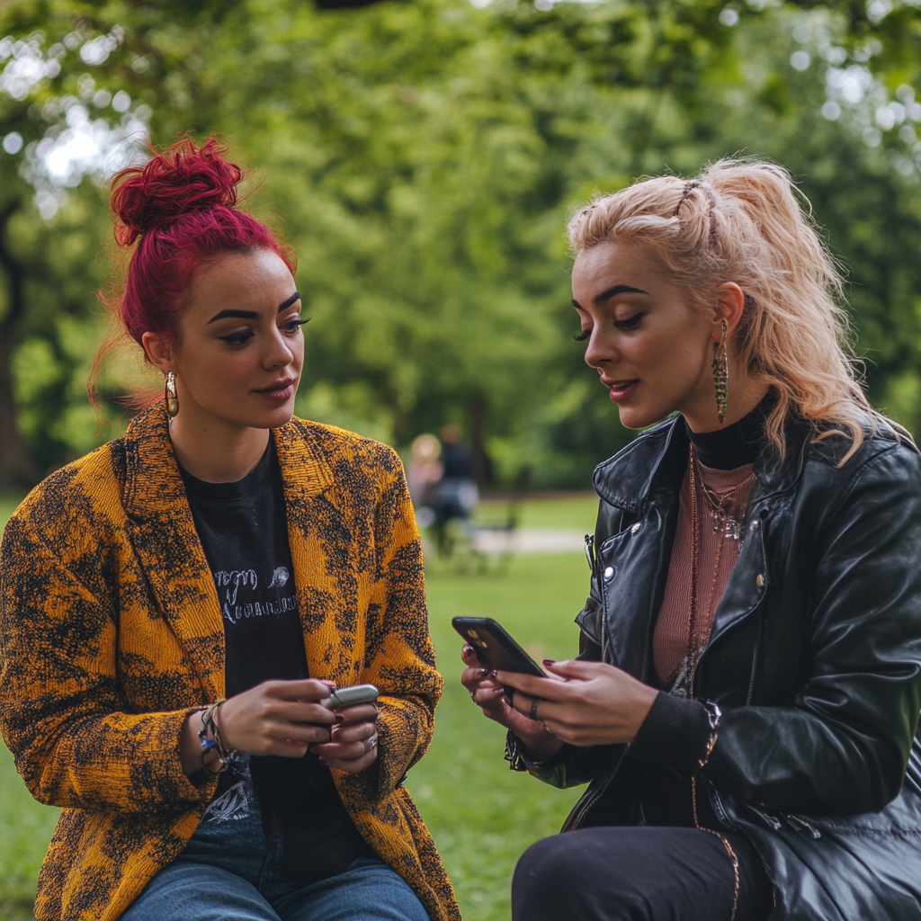 Des femmes assises dans le parc en train de discuter | Source : Midjourney